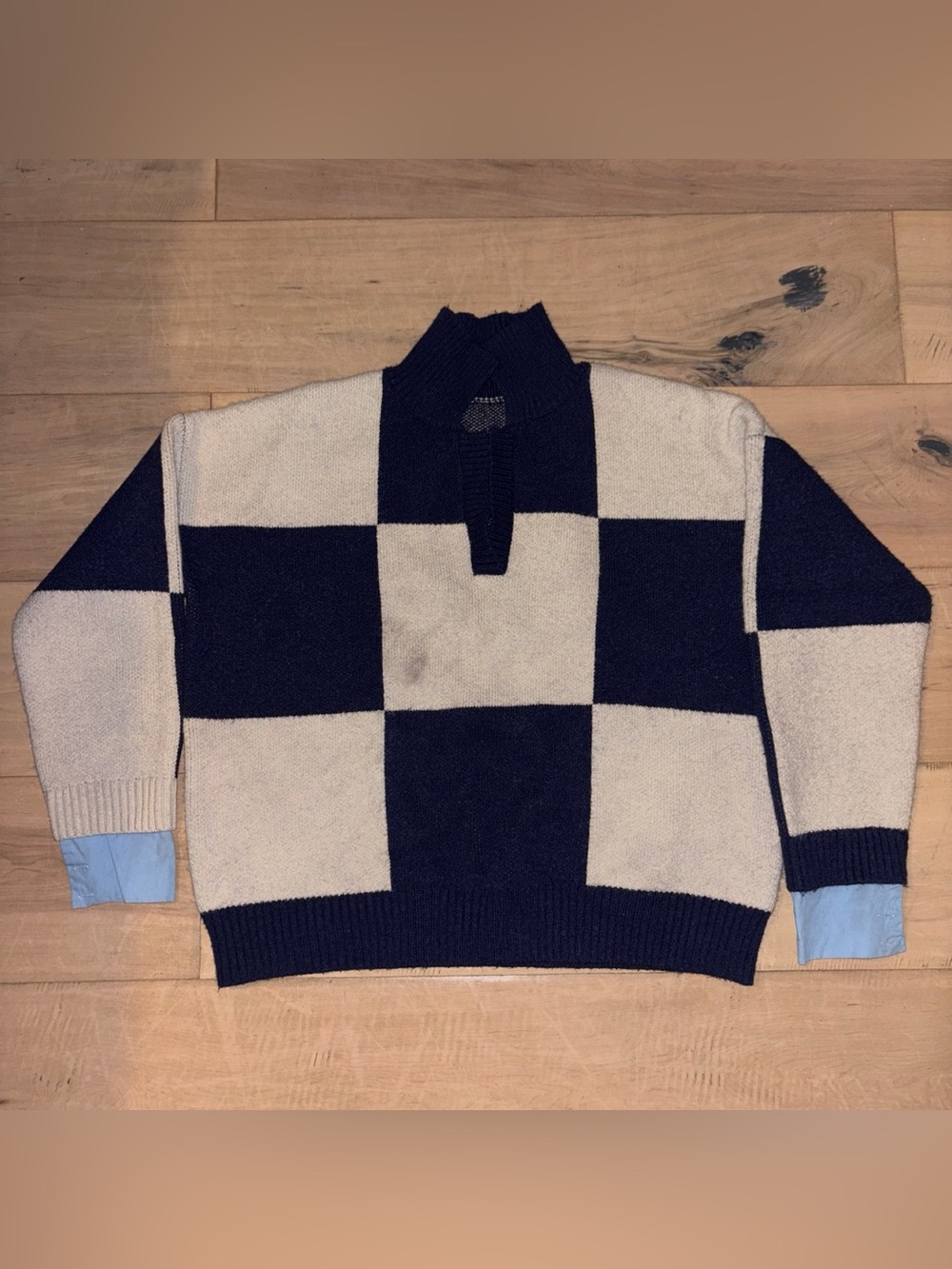 Commense Navy & Cream Checkered Knit Sweater